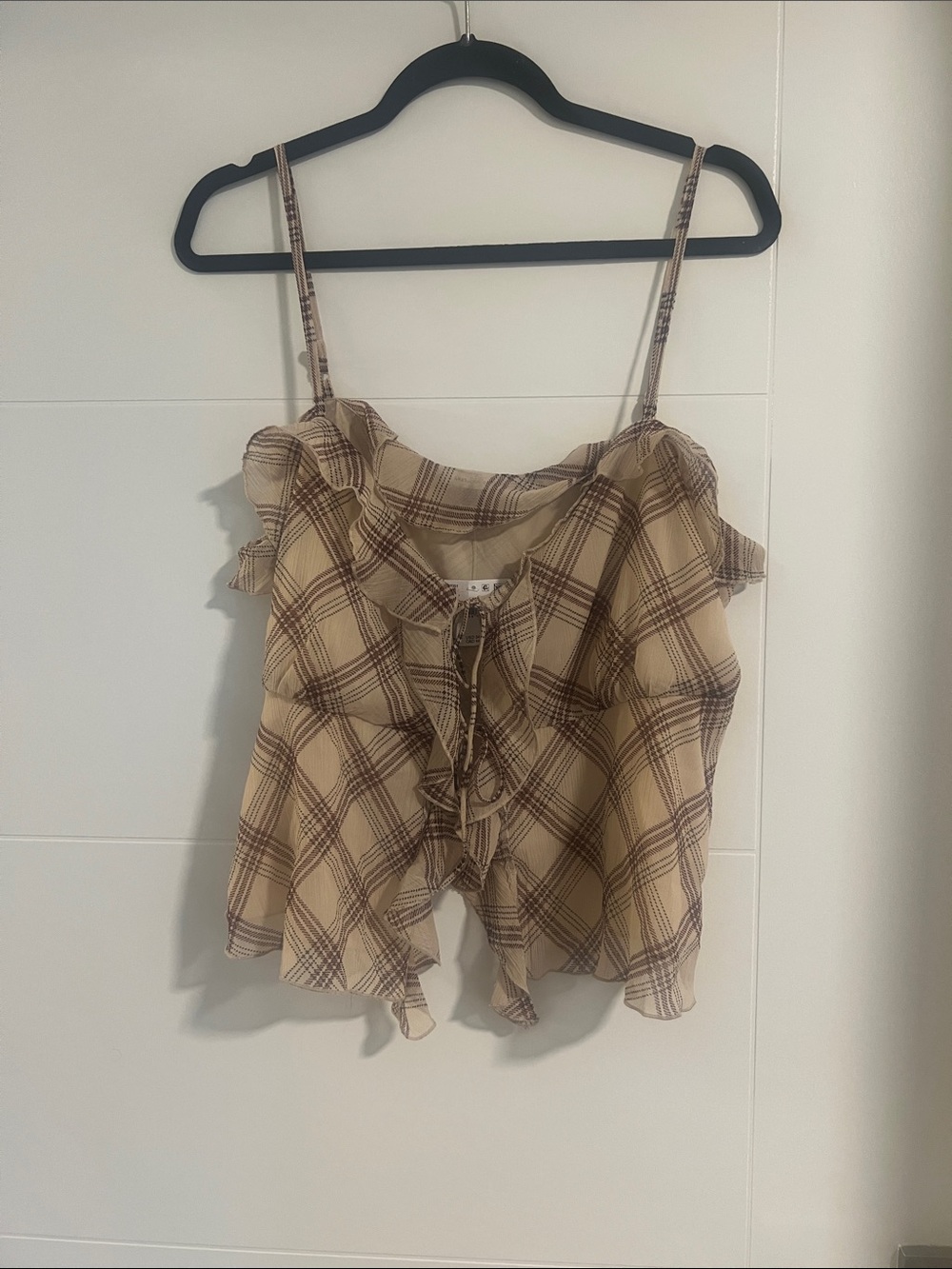 American Eagle Outfitters Beige Plaid Ruffle Tie-Front Camisole